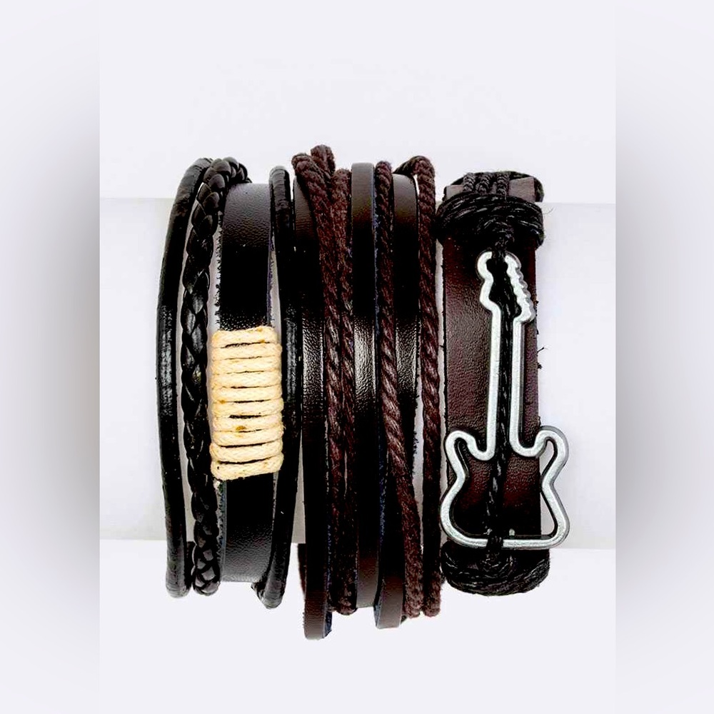 3PC Black & Brown Genuine Leather Guitar Bracelet Set